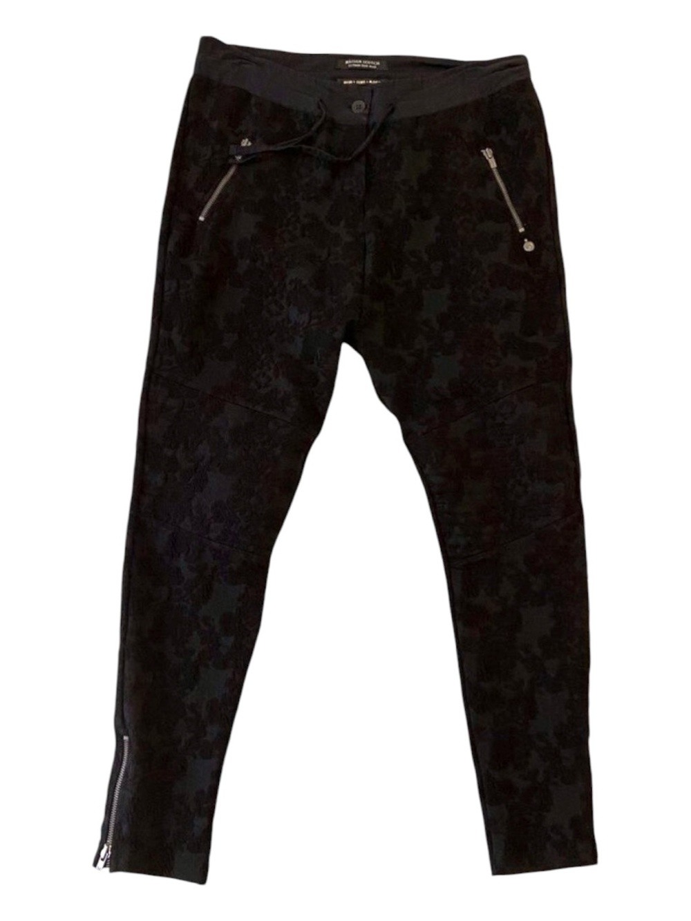 Maison Scotch black pants floral velvet bikercore pull on oversized zip pocket 1